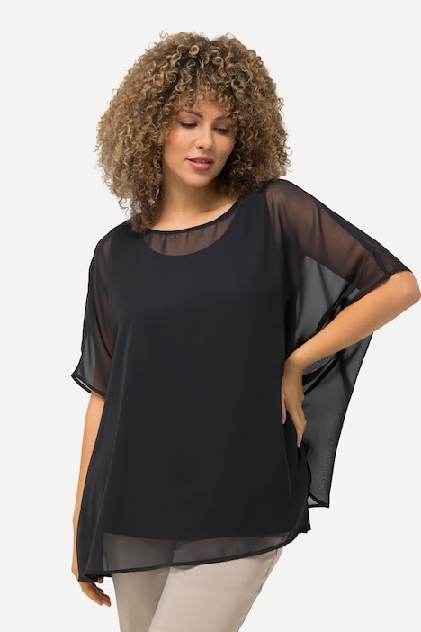 Chiffonbluse, Oversized, Rundhals, Halbarm