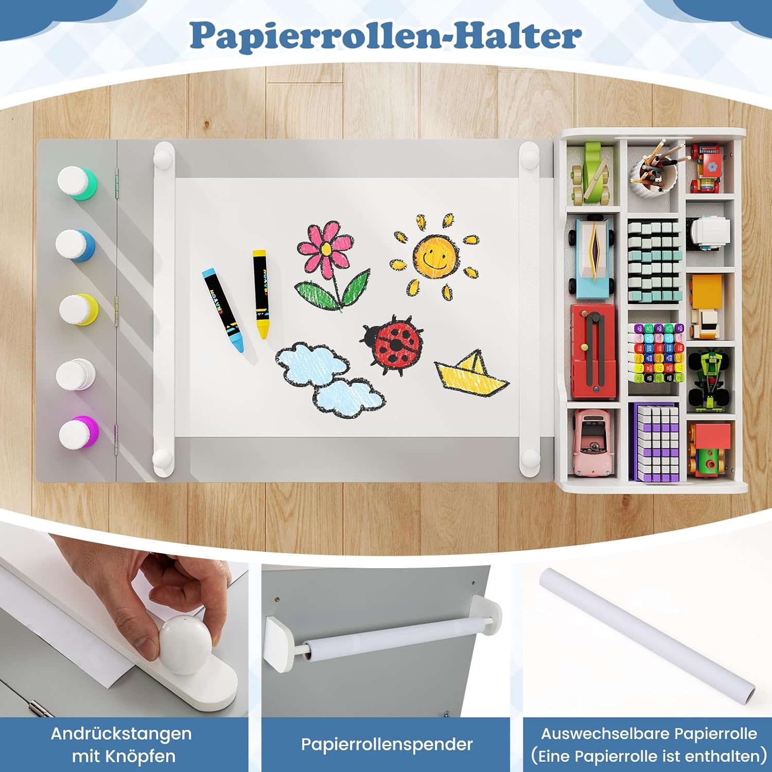 COSTWAY Kindertisch mit 2 Stühlen, 3 in 1 Maltisch+Staffelei Holz mit Stauraum, Kindersitzgruppe mit anhebbarer Tischplatte & abnehmbarem Ablagetablett, Basteltisch Kinder für ab 3 Jahren (Grau)
