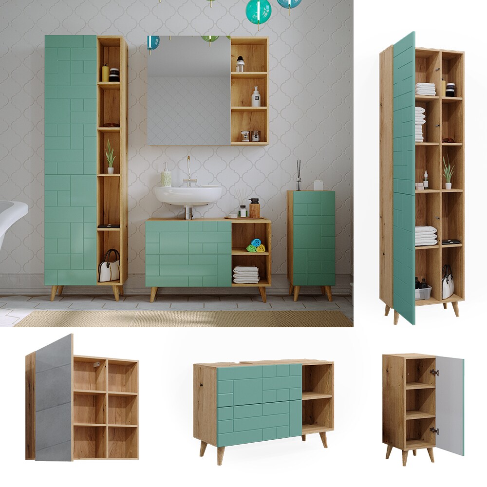 Vicco Badmöbel-Set Rudi in Eiche Evoke Mintgrün, Badezimmer, moderne Badserie Waschbeckenunterschrank Spiegelschrank Hochschrank Midischrank