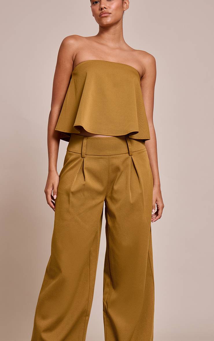 Vert Olive Foncé Pantalon Large Plissé En Tissu Tissé Ajusté