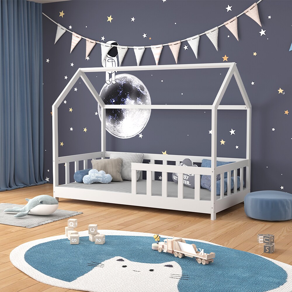 VitaliSpa Kinderbett Bettenhaus Einzelbett Michelle Weiß 160 x 80 cm modern Kinderzimmer Bett Lattenrost Rausfallschutz
