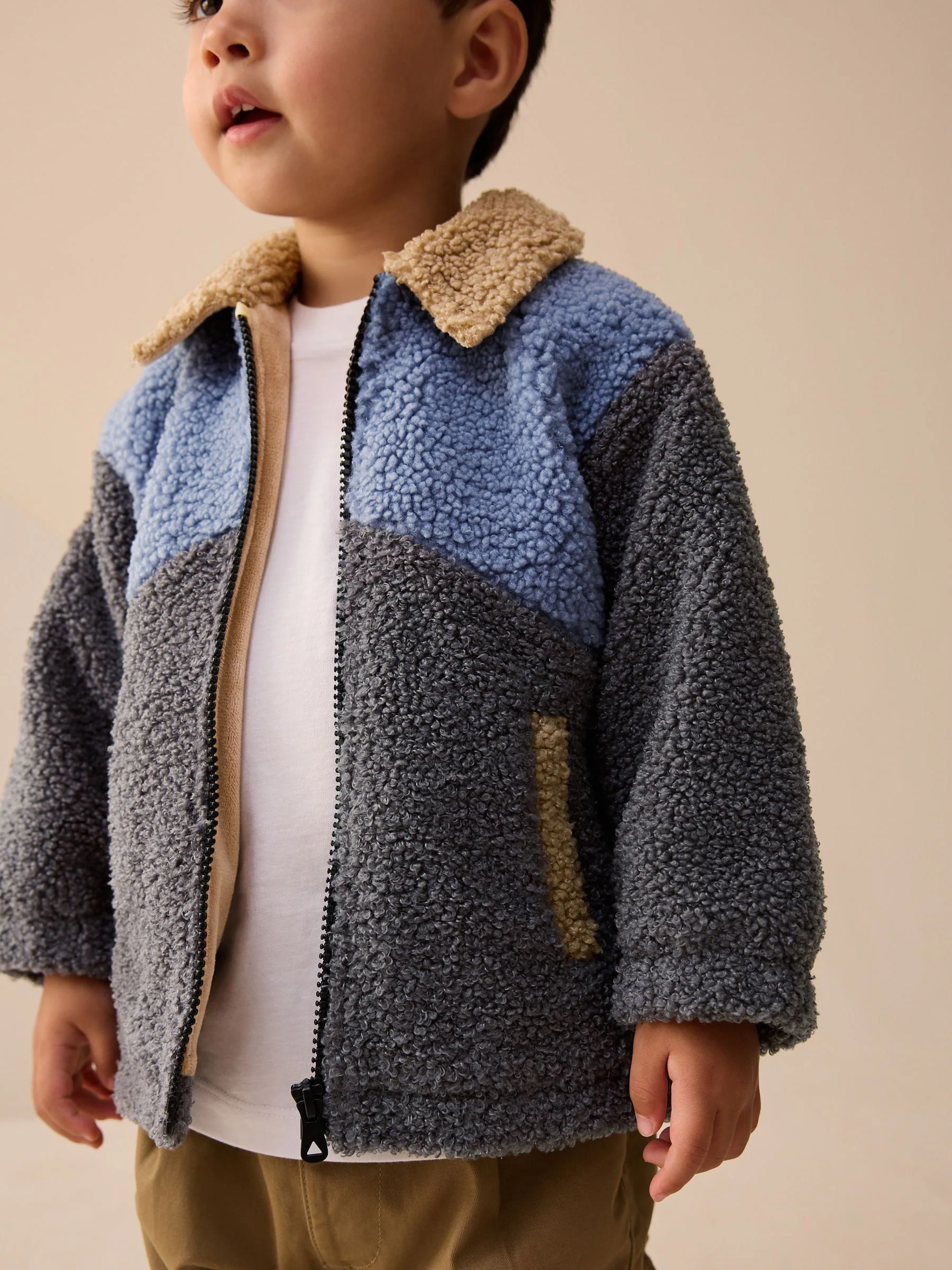 Antraciet/Blauw/Lichtbruin Colorblock - Fleece shacket van borg (3 mnd - 7 jr)