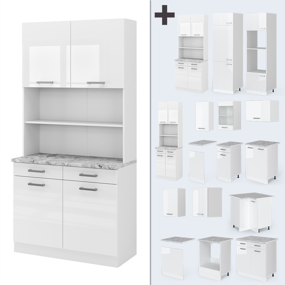 Vicco Buffetküche Küchenzeile Küchenblock R-Line Weiß Hochglanz modern 100 cm Arbeitsplatte Küchenschränke Küchenmöbel