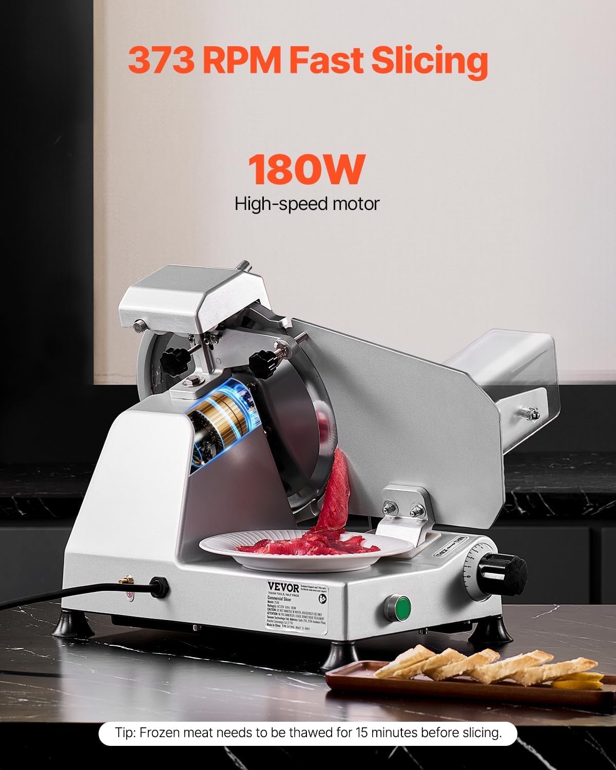 VEVOR kommerzieller Fleischschneider, 180 W Gefrierfleischschneider mit Premium-Klinge, 0-10 mm einstellbare Dicke, elektrische Feinkost-Schneidemaschine für Fleisch Gemüse Brot Käse