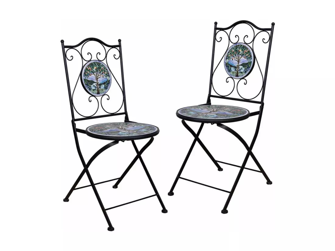 Deux chaises en fer forgé et mosaïque noires 38x38x90