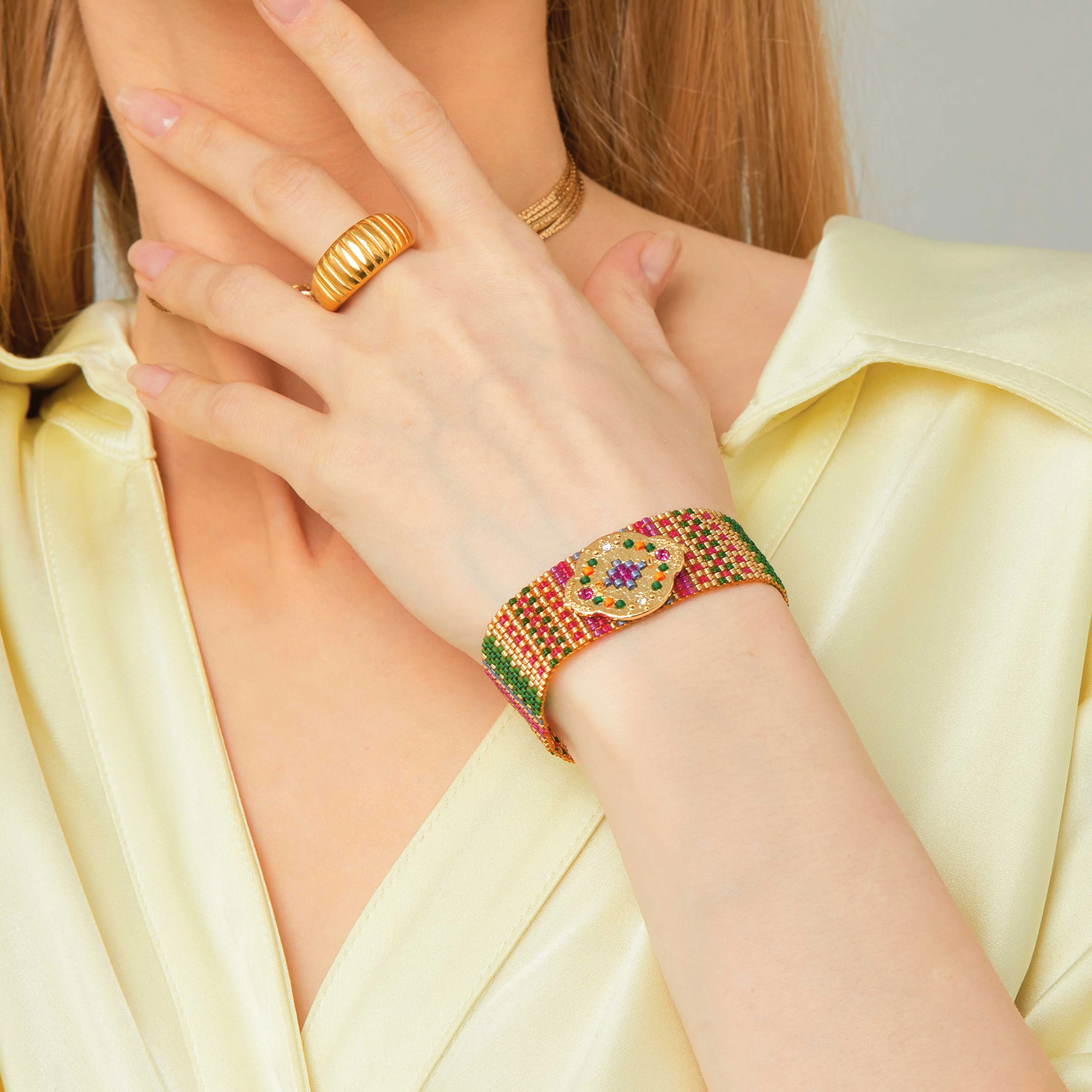 ALONZO - Bracelet multiliens avec fermoir aimanté en perles | Doré