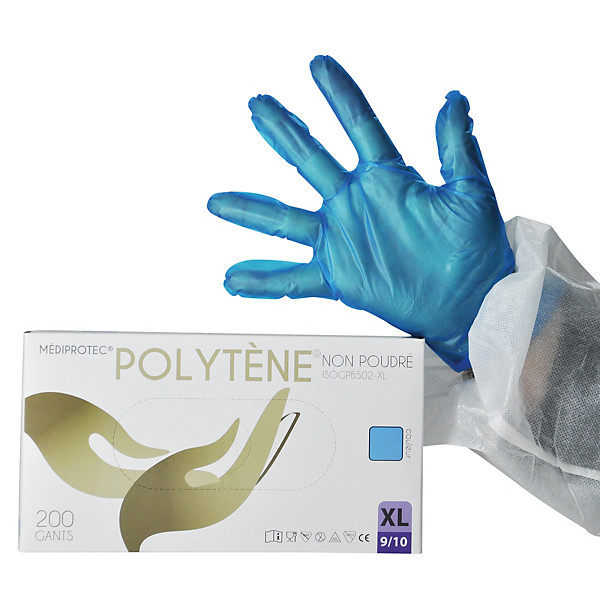 Gants jetables polytène bleus non poudrés taille 7, boîte de 100