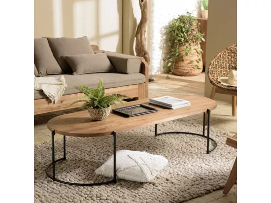 ALIDA - Table basse ovale 163x63cm plateau en bois de teck recyclé