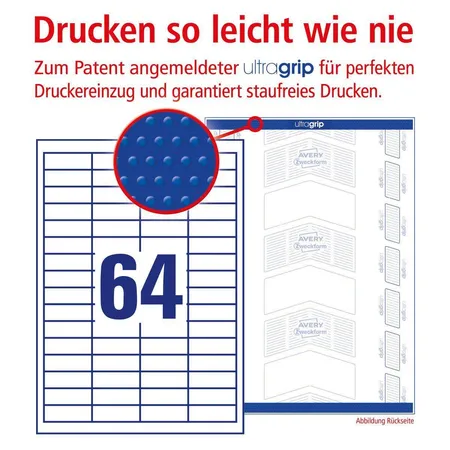 Avery Zweckform 3667 Universal-Etiketten,A4 mit ultragrip,48,5 x 16,9 mm, 100 Bogen/6.400 Etiketten, weiß