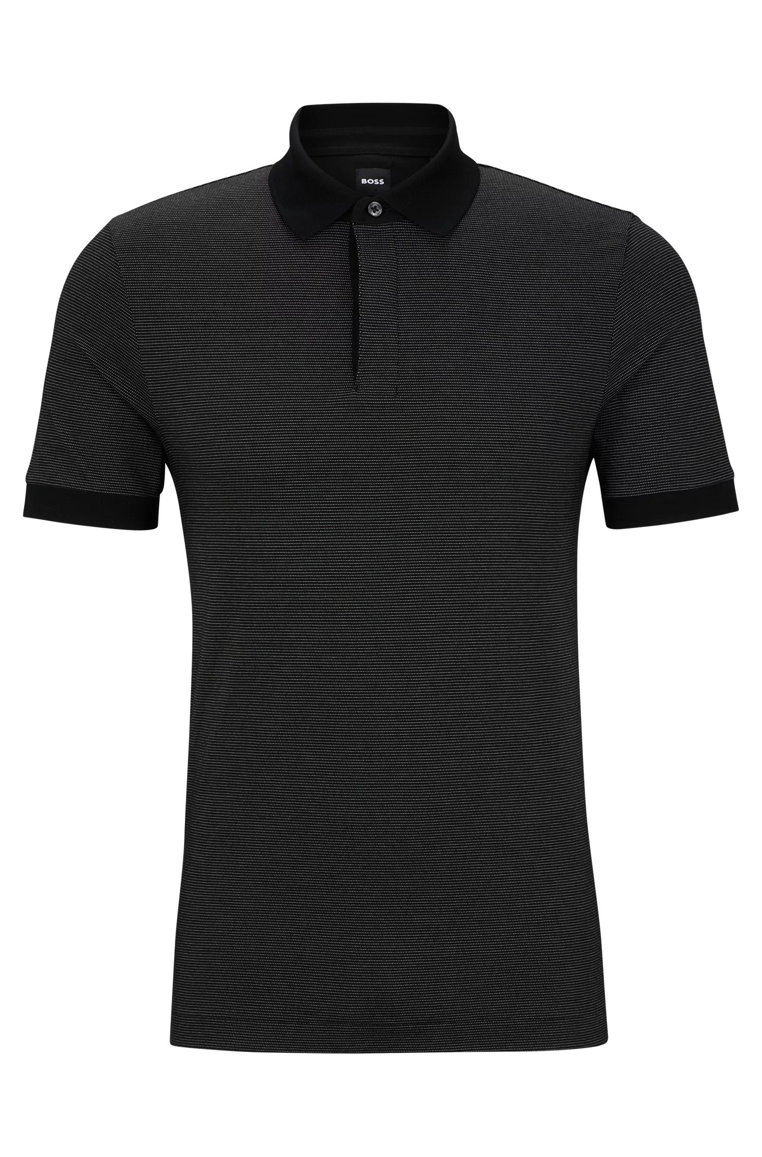 Camisa polo BOSS preta, corte slim, em mistura de algodão com microestampa.