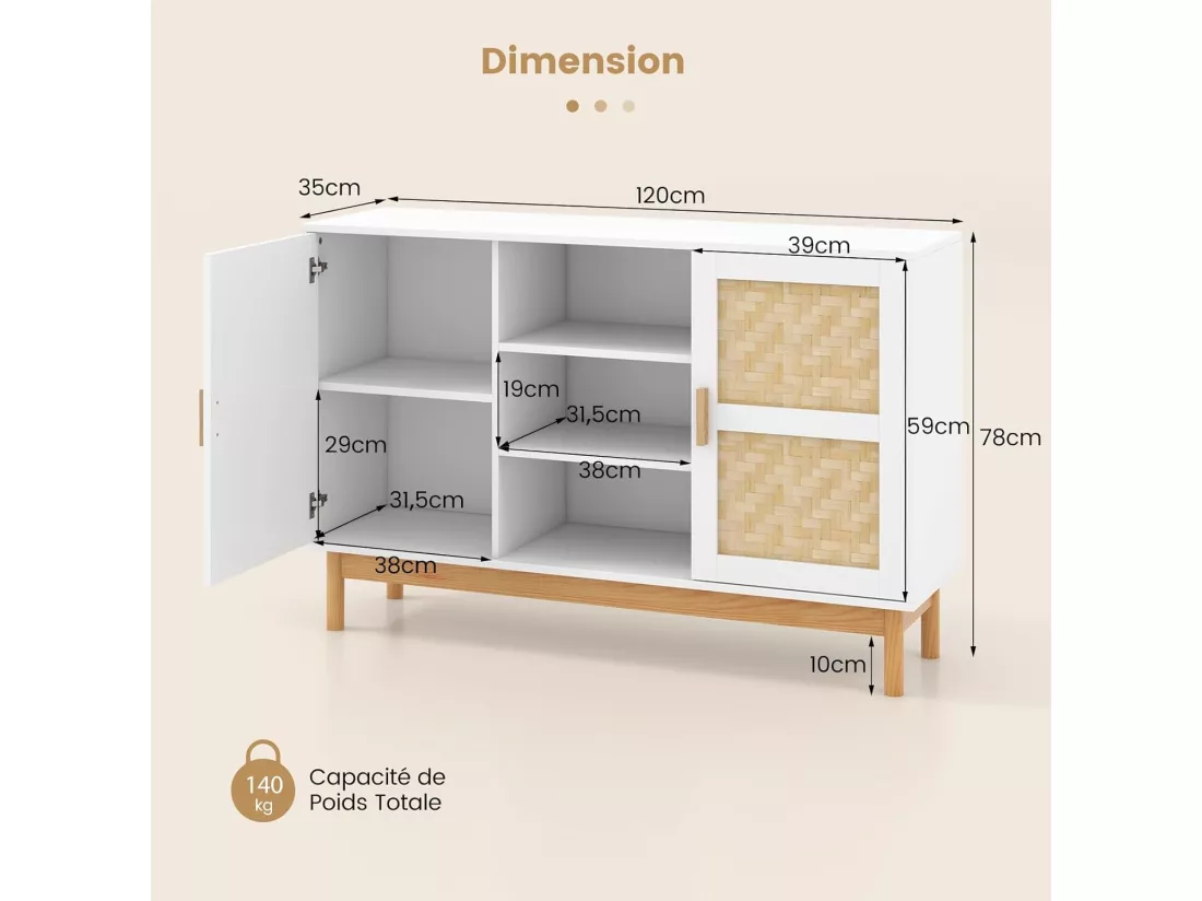 Buffet de cuisine, armoire cuisine avec 2 portes tressées en bambou 120 x 35 x 78 cm