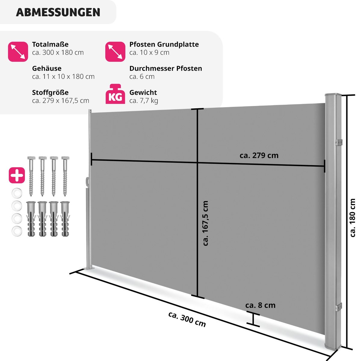 tectake aluminium zijluifel, 180 x 300 cm