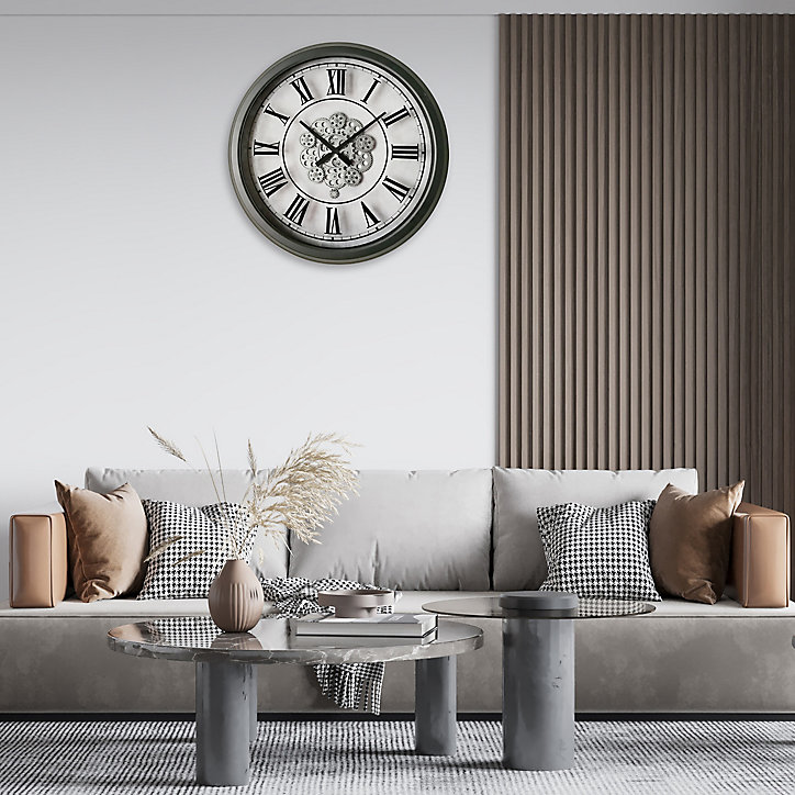 Horloge murale mecanique moderne blanc argenté Ø70 cm