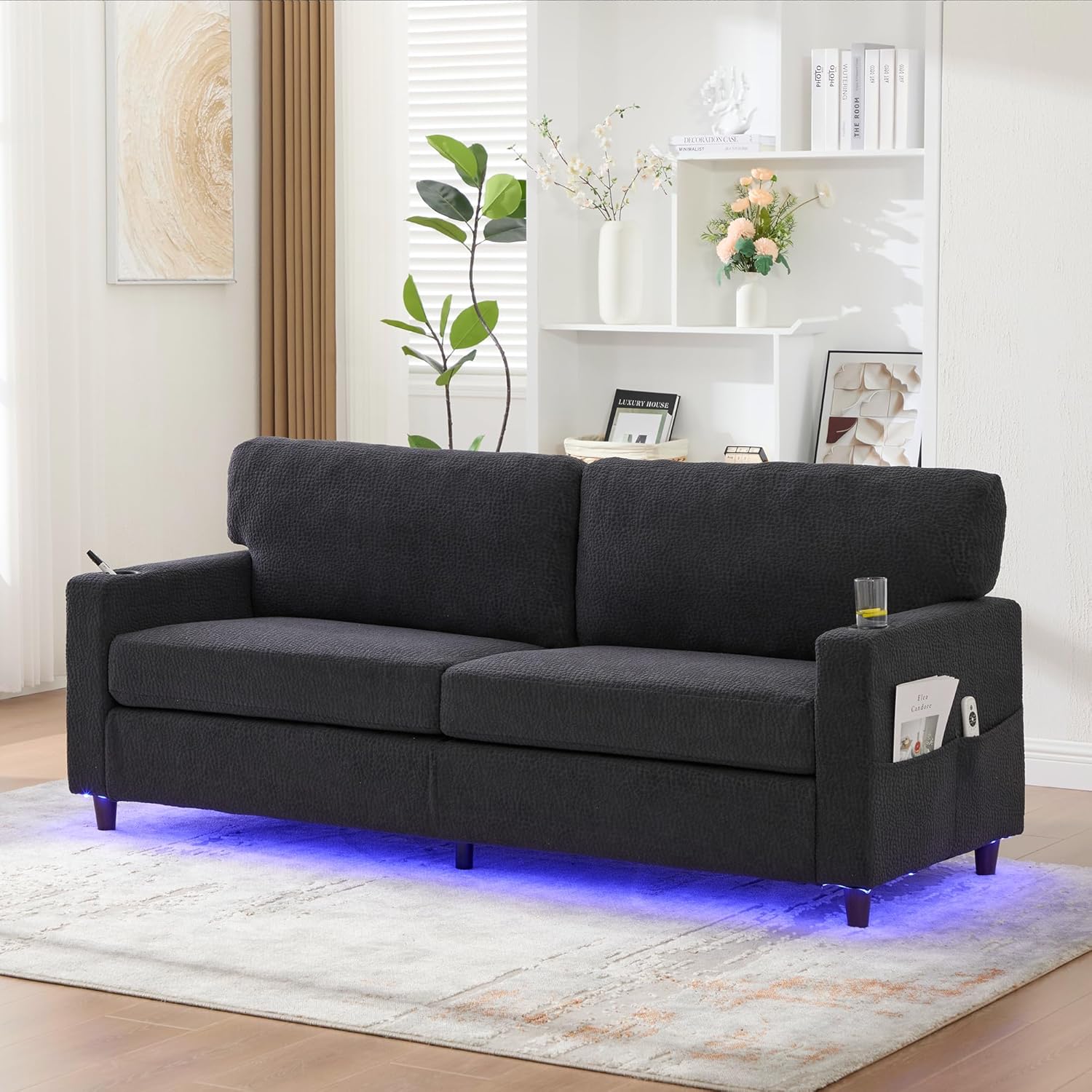 Sofa 2 Sitzer mit Schlaffunktion, Couch mit USB-C, Schlafsofa mit LED, Getränkehaltern und Seitentaschen, Holz/Metall-Rahmen mit Komfortschaum für Wohnzimmer, Schlafzimmer, Dunkelgrau | USB-C, LED-Ambiente