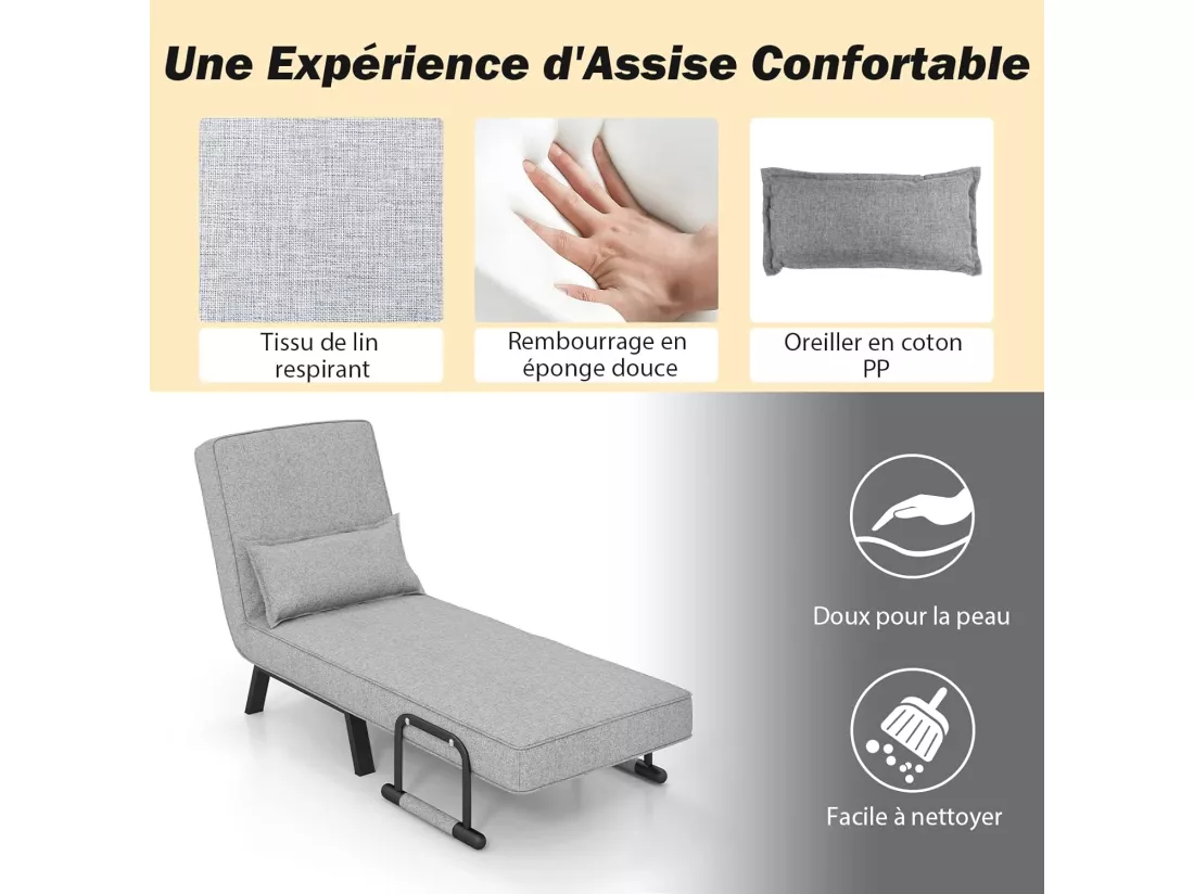 Fauteuil Convertible 1 Place, Chauffeuse 4-en-1 Dossier Réglable 6 Position, Oreiller, Siège Rembourré, Accoudoirs, Cadre Métal, Canapé-Lit Pliant, Gris clair