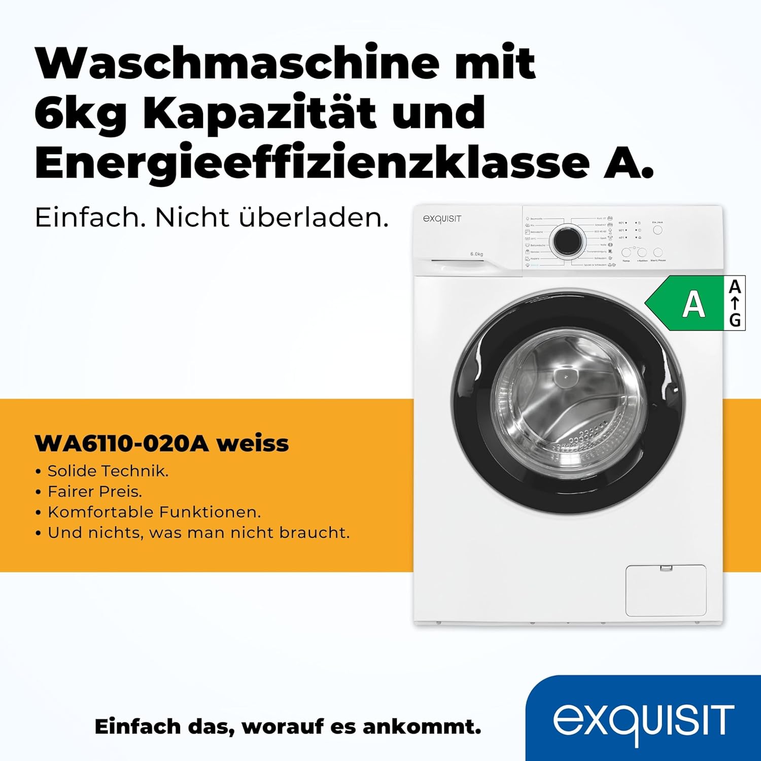 Exquisit Waschmaschine WA6110-020A weiss | 6 kg Fassungsvermögen | Energieeffizienzklasse A | 16 Waschprogramme | Kindersicherung