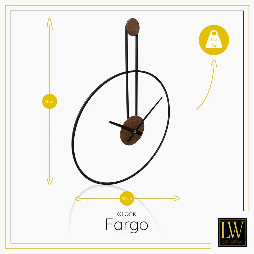 LW Collection Wandklok Fargo zwart 55cm