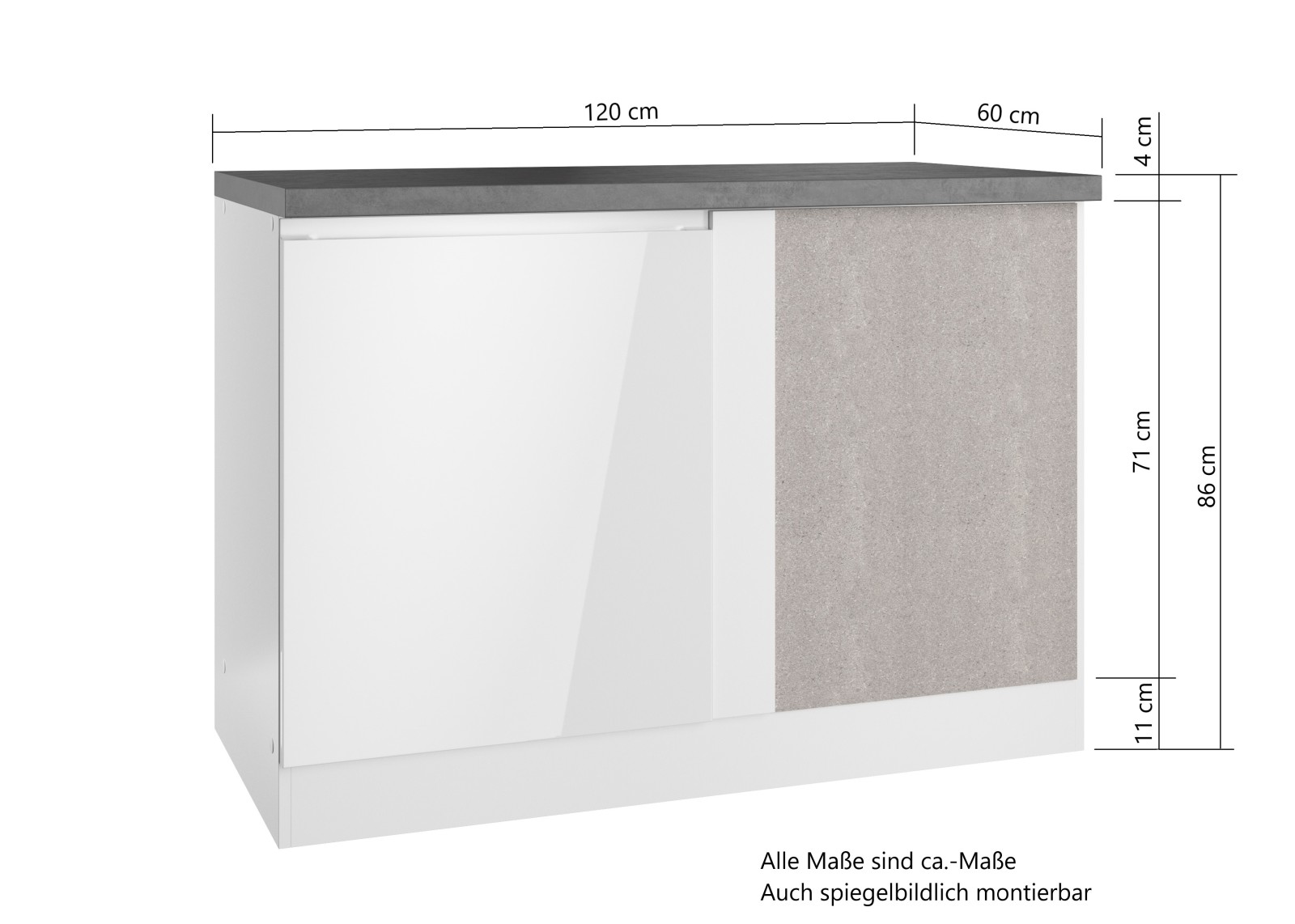 Eckunterschrank MONZA - weiß Hochglanz - Beton-Optik