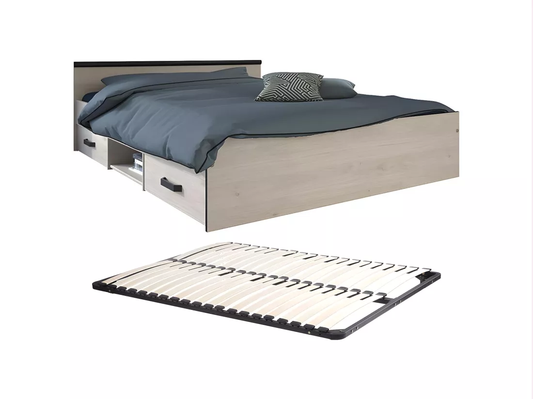 Lit avec rangements 140 x 190 cm - 2 tiroirs et 1 niche - Coloris : Naturel + Sommier - PABLO