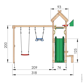 Speeltoestel Jungle Gym Totem douglas met glijbaan donker groen en 2-schommel module