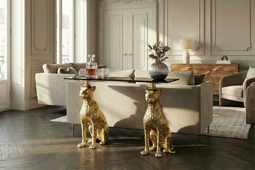 Freistehender Konsolentisch PANTHER 115cm gold Metall mit Marmor-Platte handmade