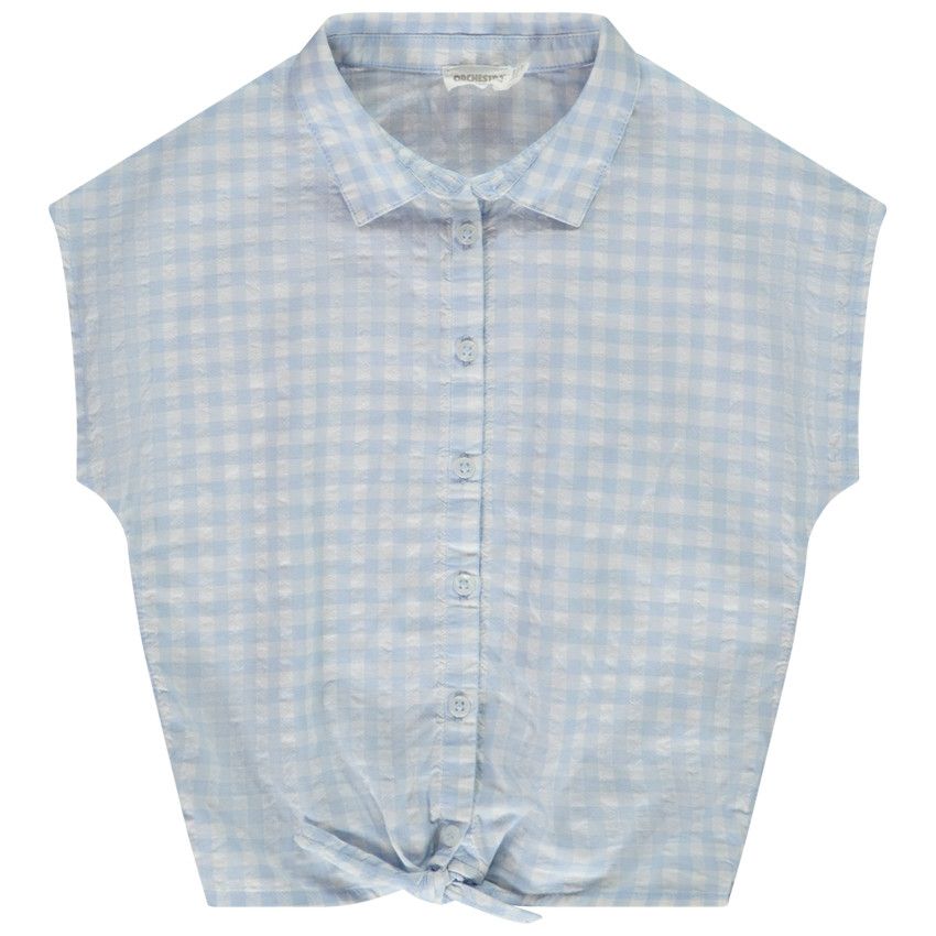 Chemise manches courtes à nouer imprimé vichy pour fille - Bleu