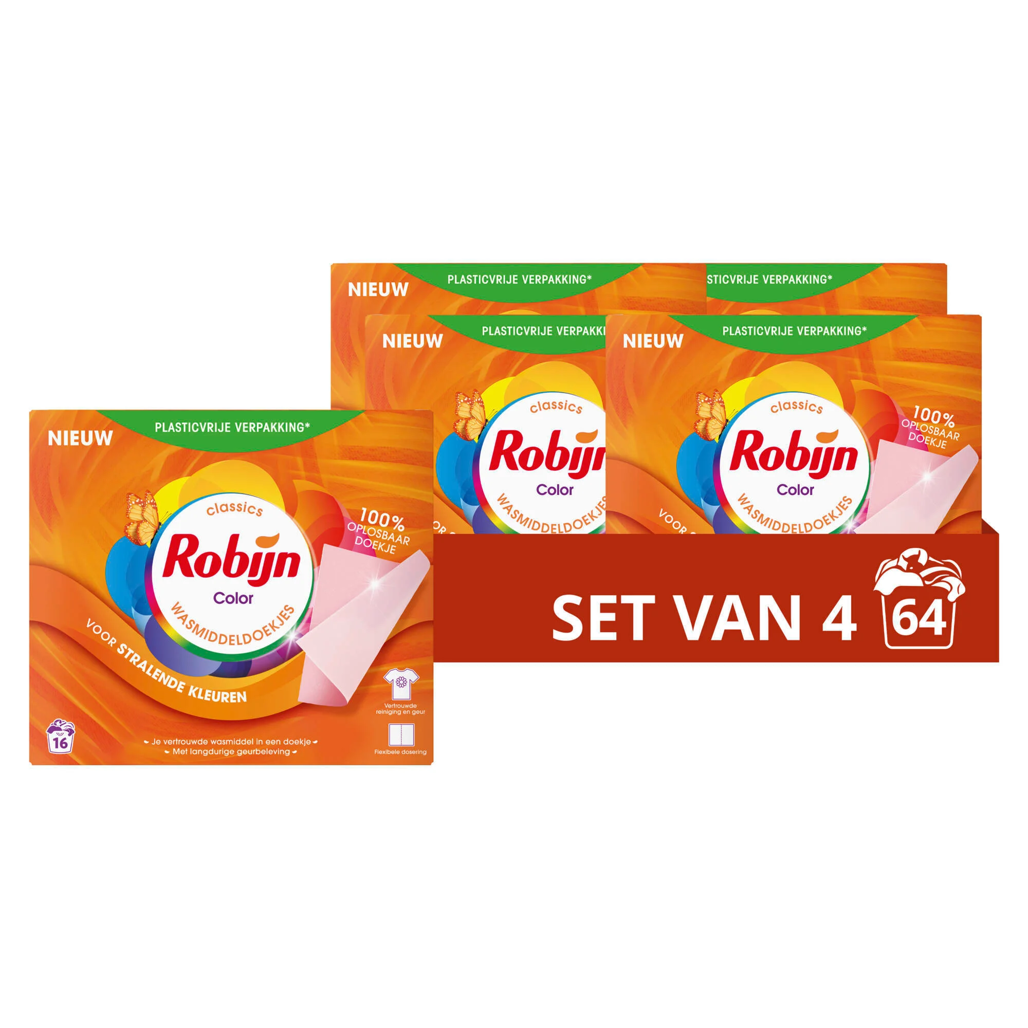 Robijn wasmiddeldoekjes Color - 4 x 16 wasstrips - 64 wasbeurten