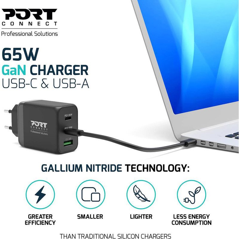 Chargeur adaptateur secteur GaN 65W USB-C & USB-A PORT + câble de 2 m inclus
