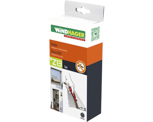 Insectenbescherming Windhager kederkoord antraciet 5 m en kedergereedschap voor het bevestigen van glasvezeldoek