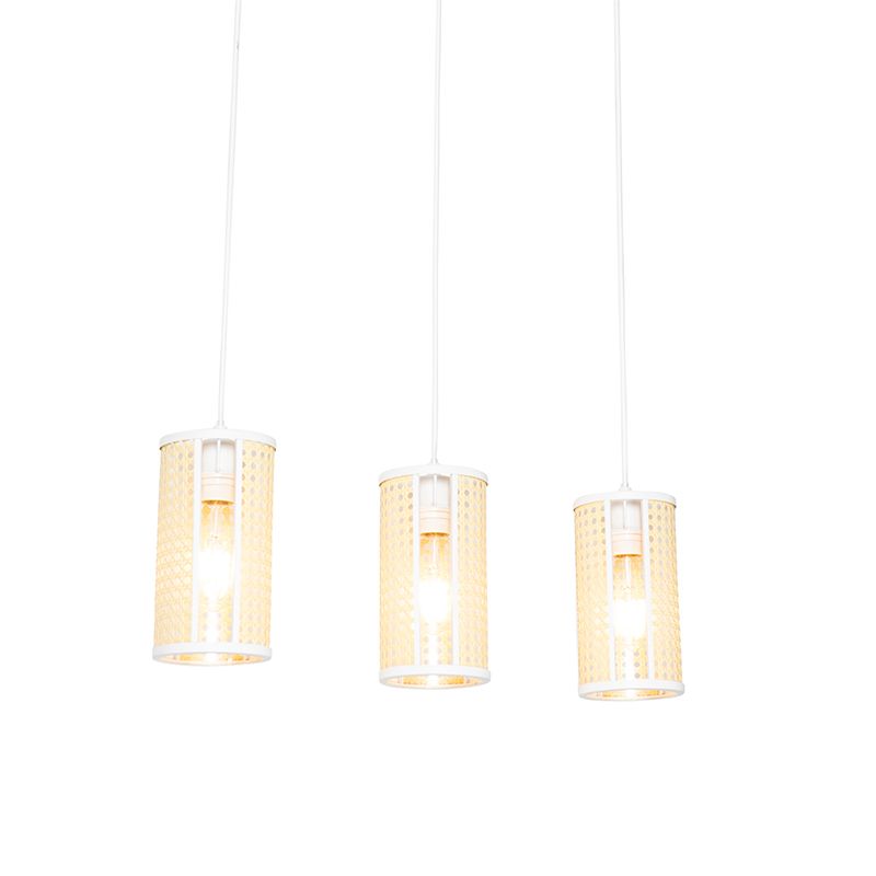 Oosterse hanglamp wit met rotan 3-lichts langwerpig - Akira