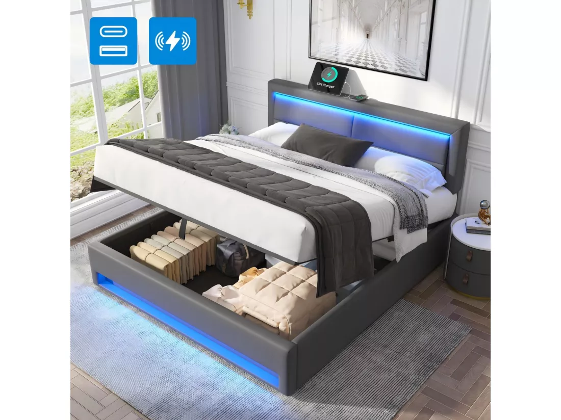 Lit coffre rembourré 160x200cm, avec LED et Port de charge USB/Type-C, charge sans fil, sommier à lattes, Gris