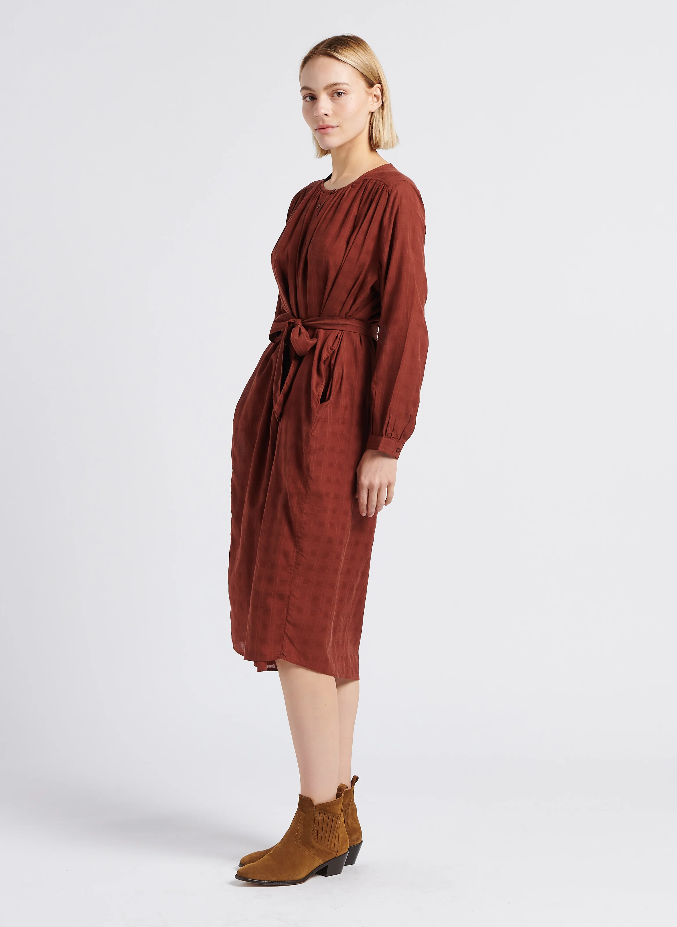 HANOVRE - Robe mi-longue col rond en coton mélangé | Marron