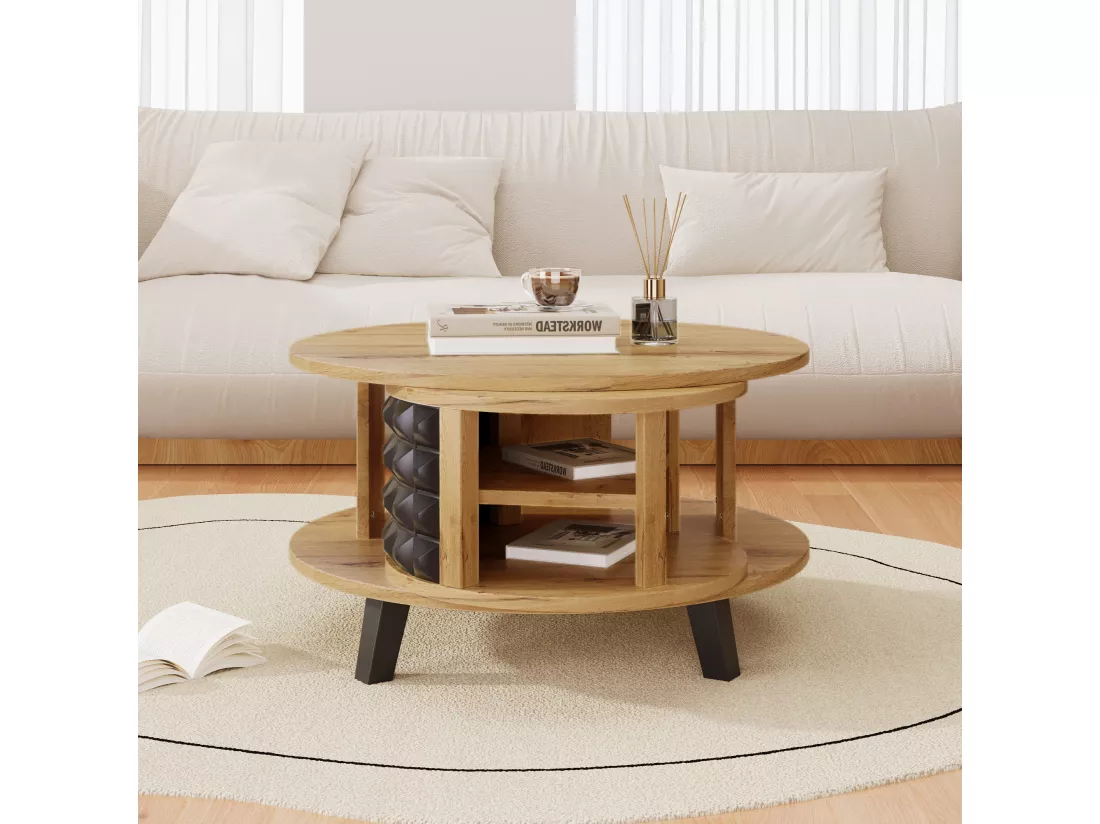 Table basse pivotante moderne avec rangement caché, design bicolore bois et noir