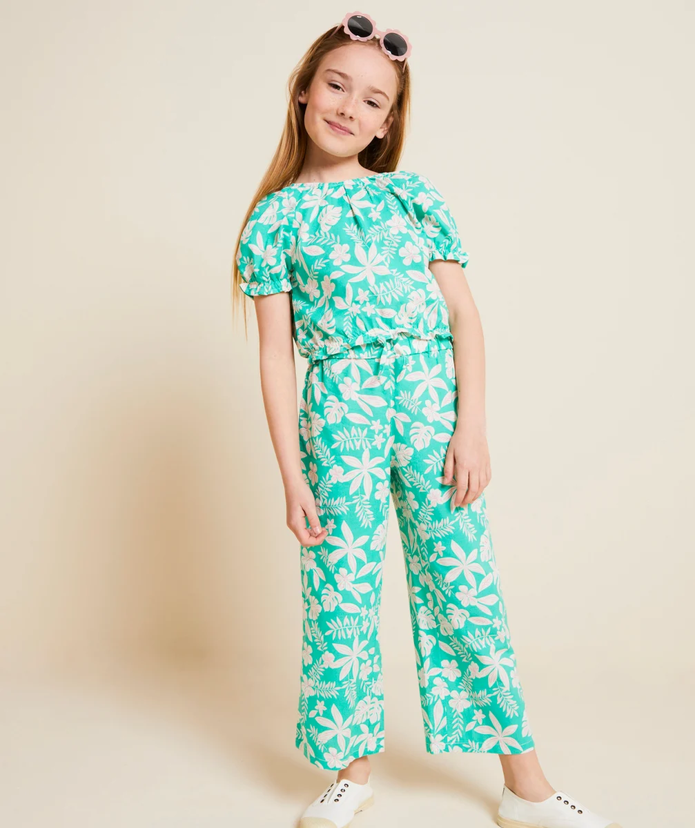 pantalon large fille imprimé hawaïen vert