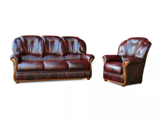 Canapé 3 places et un fauteuil 100% cuir de buffle bordeaux DAPHNE