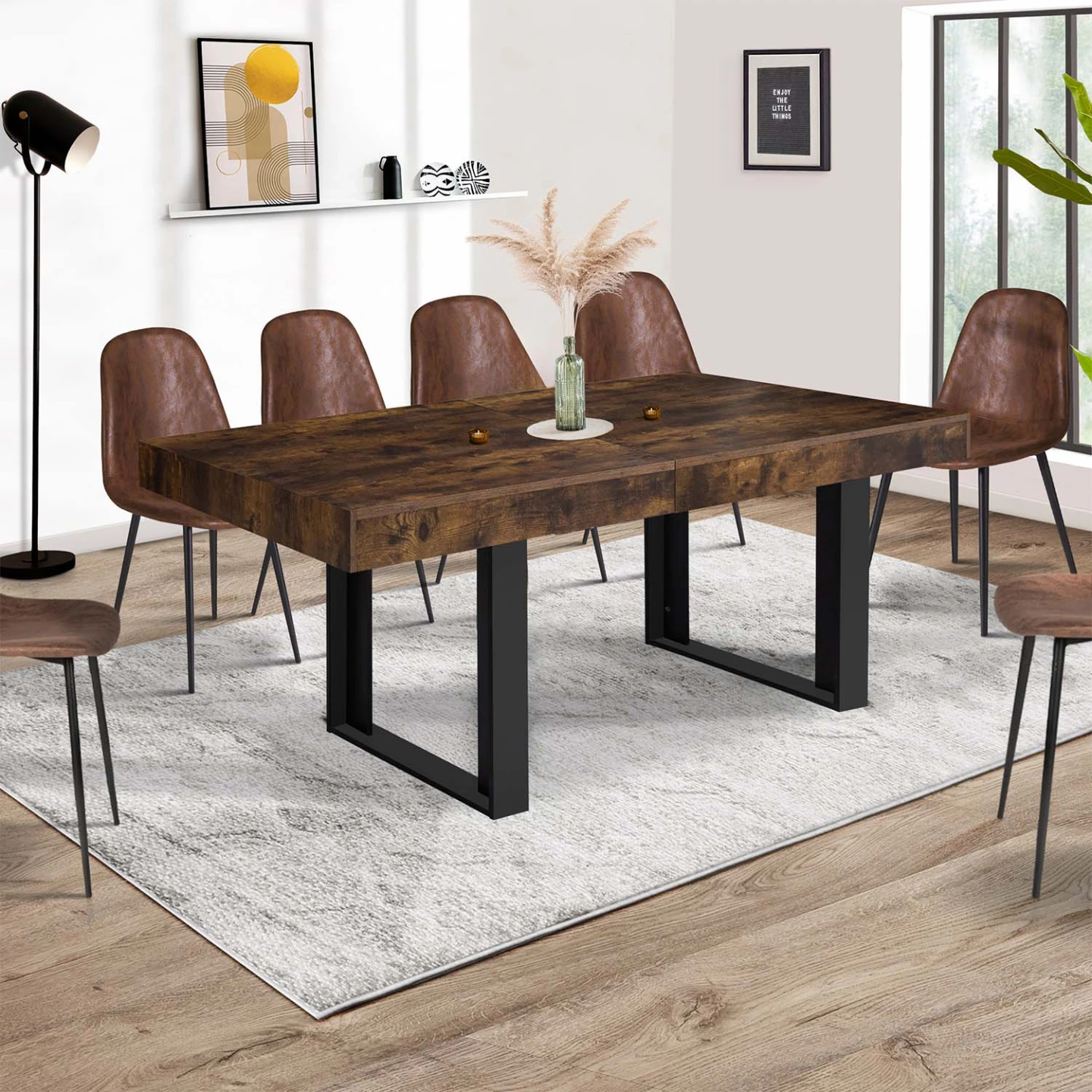 Table à manger extensible rectangle PHOENIX 6-12 personnes bois effet vieilli et noir 200-300 cm
