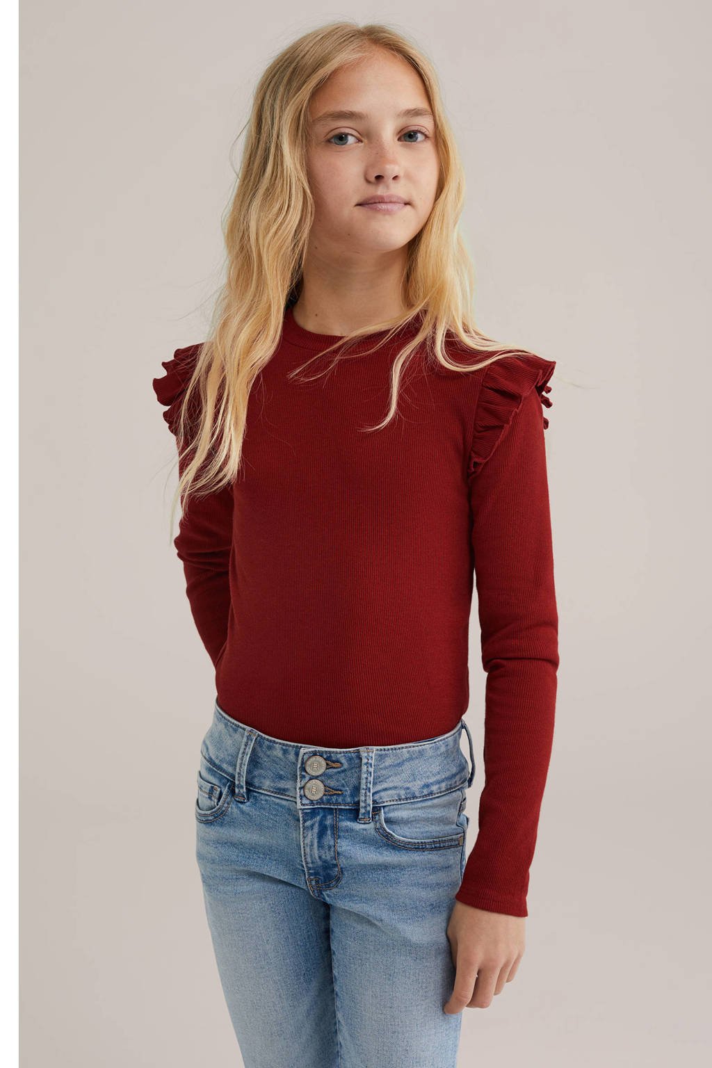 WE Fashion longsleeve rib gebreid donkerrood