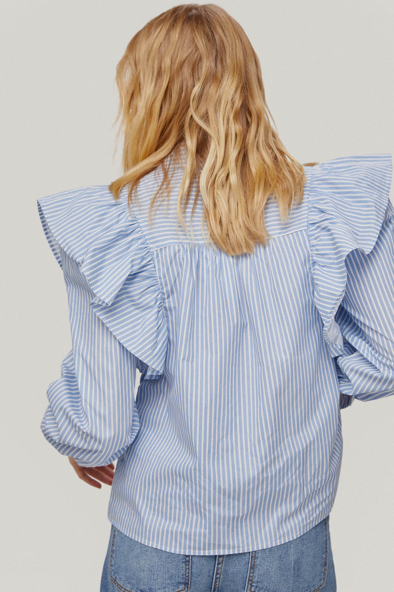 Camisa de manga comprida com babados - Azul