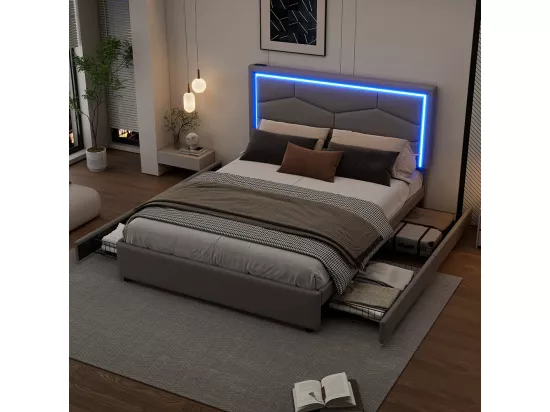 Lit avec rangements 140 x 200 cm avec vagues et nuages Tête de lit réglable Sans matelas Velours Rose