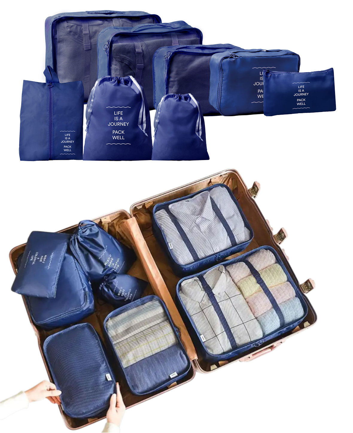 8in1 Spritzwasserfester Koffer Organizer Reise Gepäck Kompressions Kleidertaschen Set - Dunkelblau
