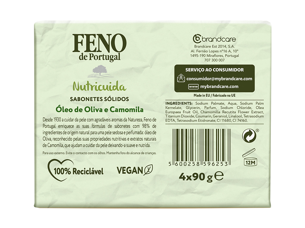 SABONETE SÓLIDO NUTRICUIDA ÓLEO DE OLIVA E CAMOMILA FENO DE PORTUGAL 4X90 G