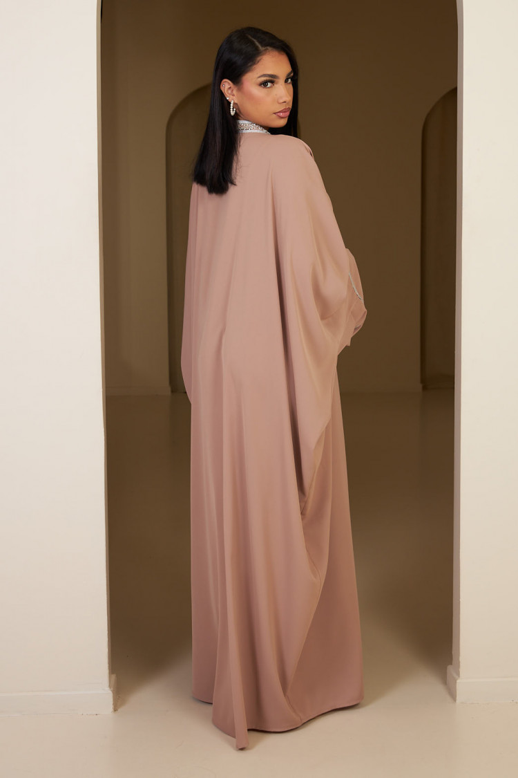 Abaya rose à empiècement perle argenté