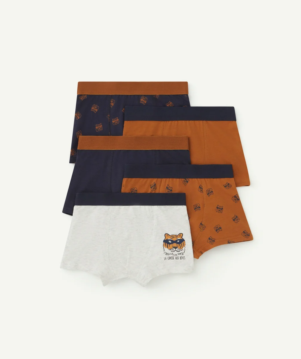 LOT DE 5 BOXERS GARÇON EN COTON BIO OCRE ET BLEU MARINE