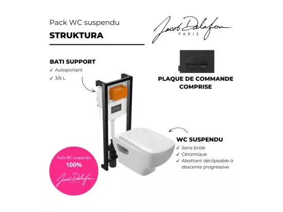 Pack WC suspendu sans bride JACOB DELAFON Struktura+ bâti-support + plaque blanc + tabouret bois