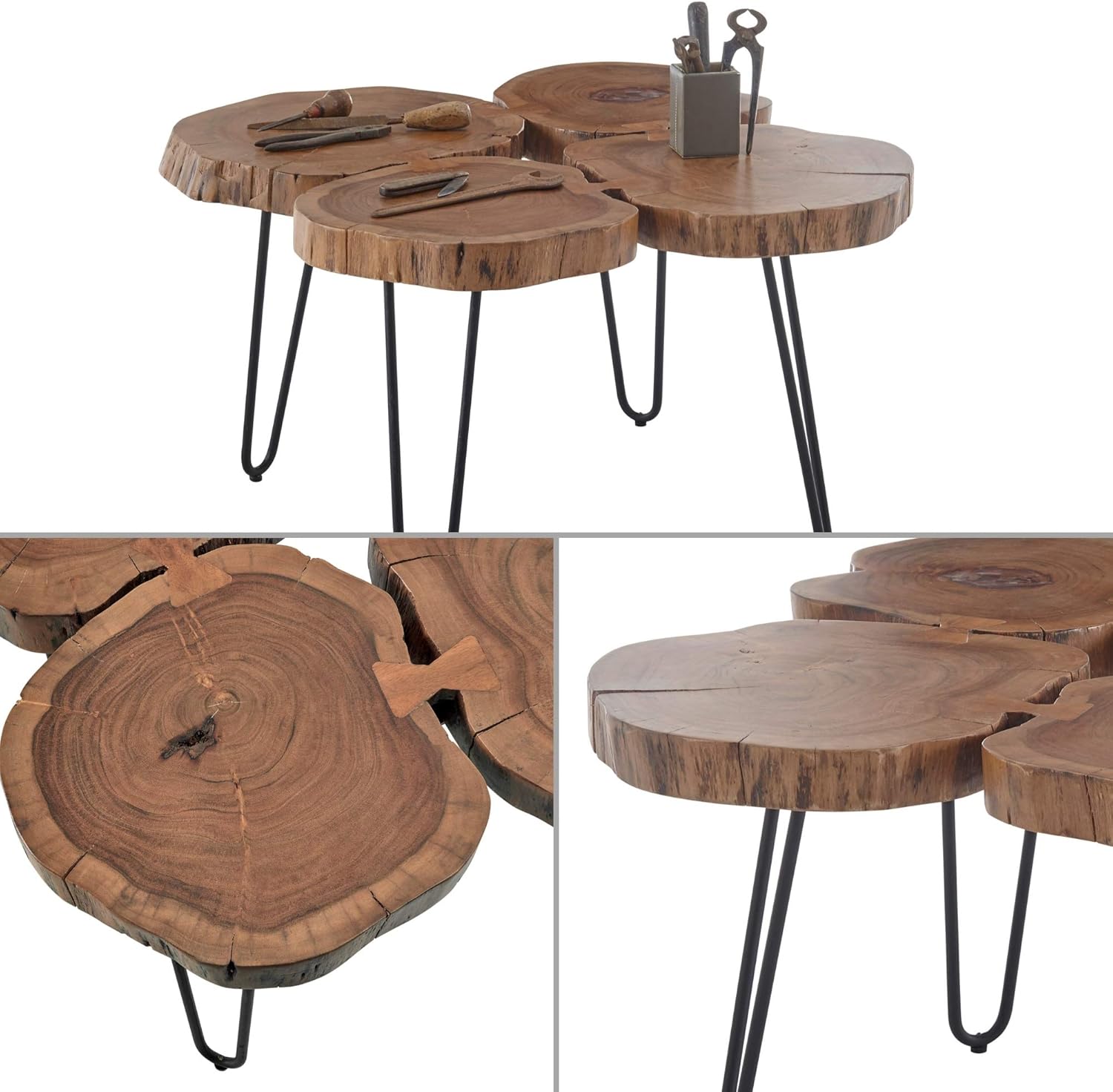 Stella Trading COLE MINI Couchtisch Baumscheibe Akazie Massivholz mit schwarzem Metallgestell - natürlicher Sofatisch für Ihren Wohnbereich - 78 x 56 x 72 cm (B/H/T)