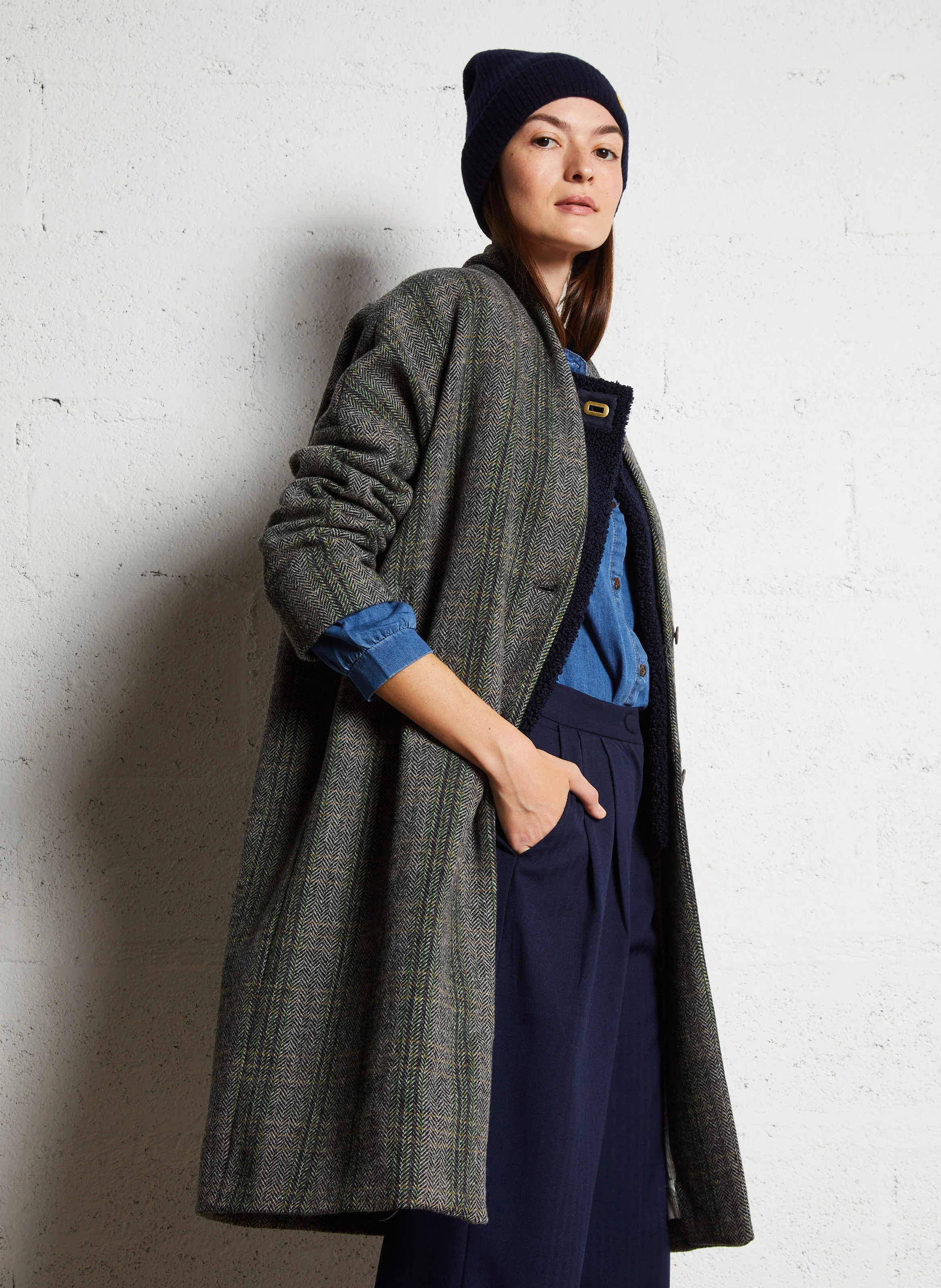 LYNX - Manteau ample col V en laine | Bleu