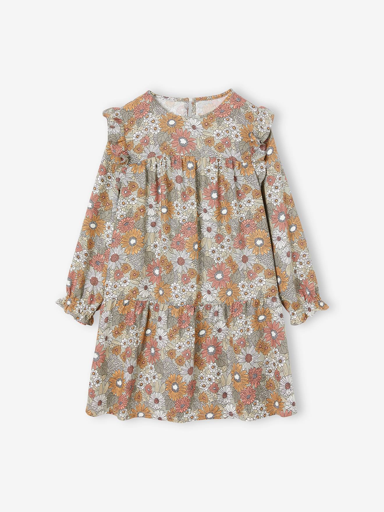 Vestido fluido com babados e motivos florais, para meninas, azul escuro