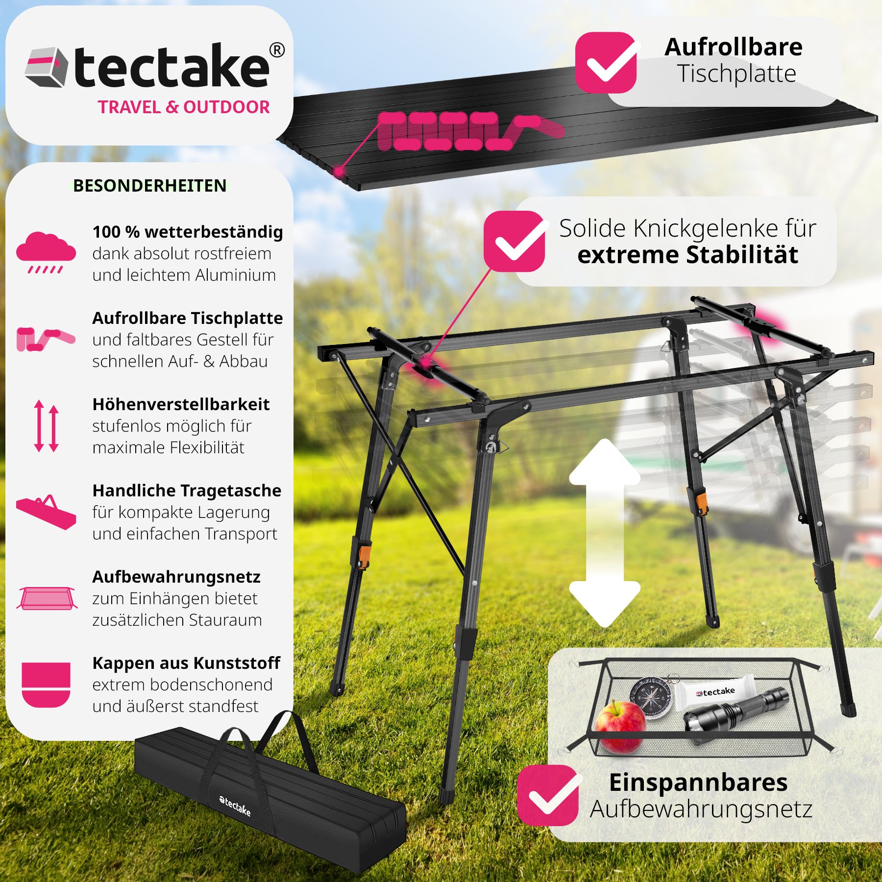 tectake® Campingtisch, faltbar, höhenverstellbar, 90 x 52 x 47 - 70 cm