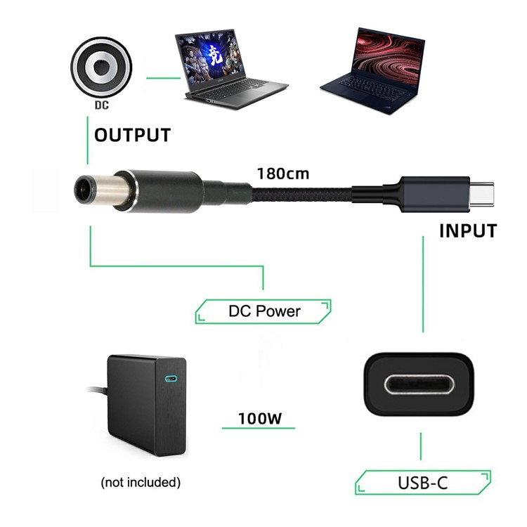 (100W / 180cm) Dell Laptop USB C-DC Ladeanschluss Adapter Konverter (7.4x5.0mm) Nylon Geflochtenes Power Delivery Kabel - Schwarz