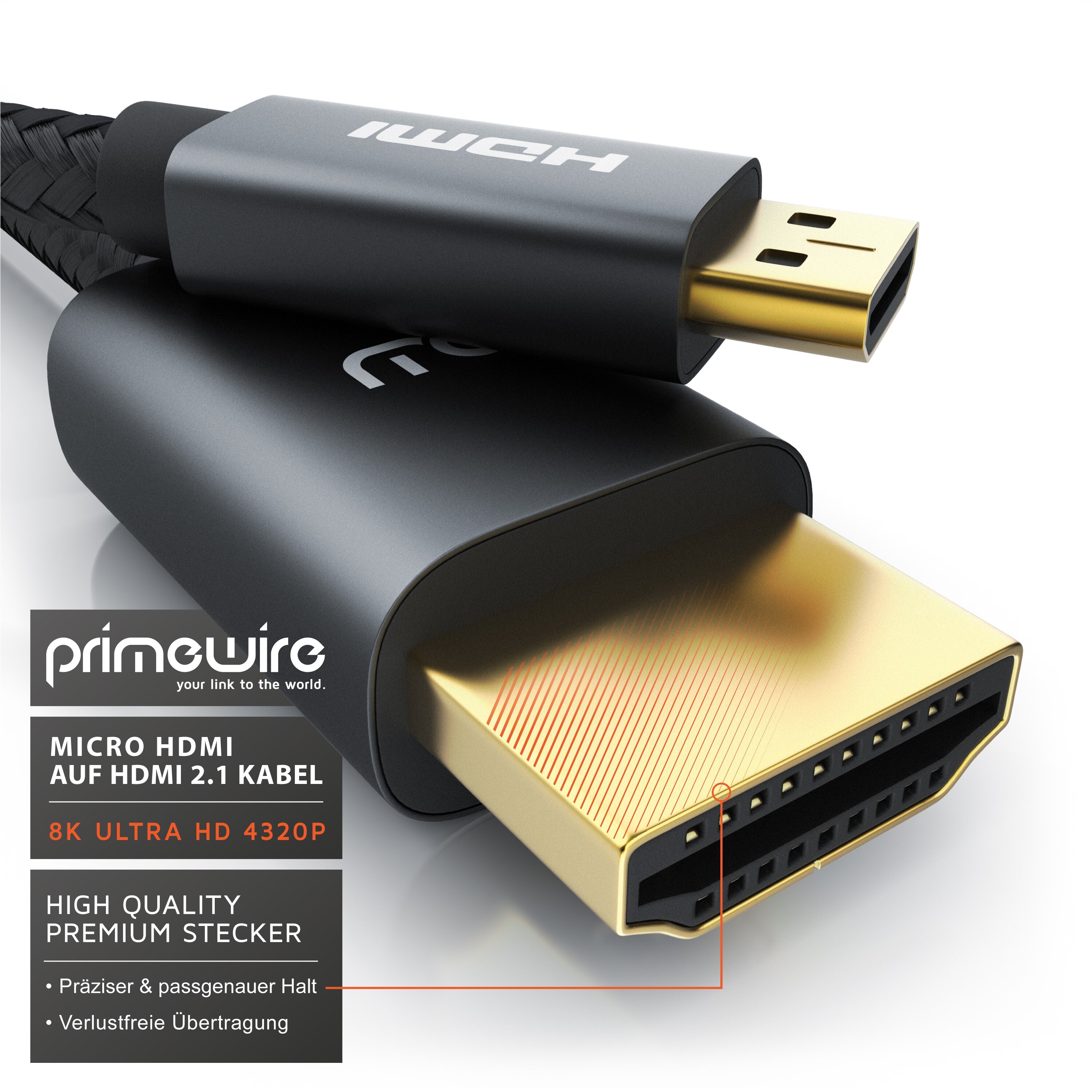 Primewire 8K HDMI 2.1 auf Micro HDMI Adapterkabel, 7680 x 4320 @ 120 Hz mit DSC - 1m